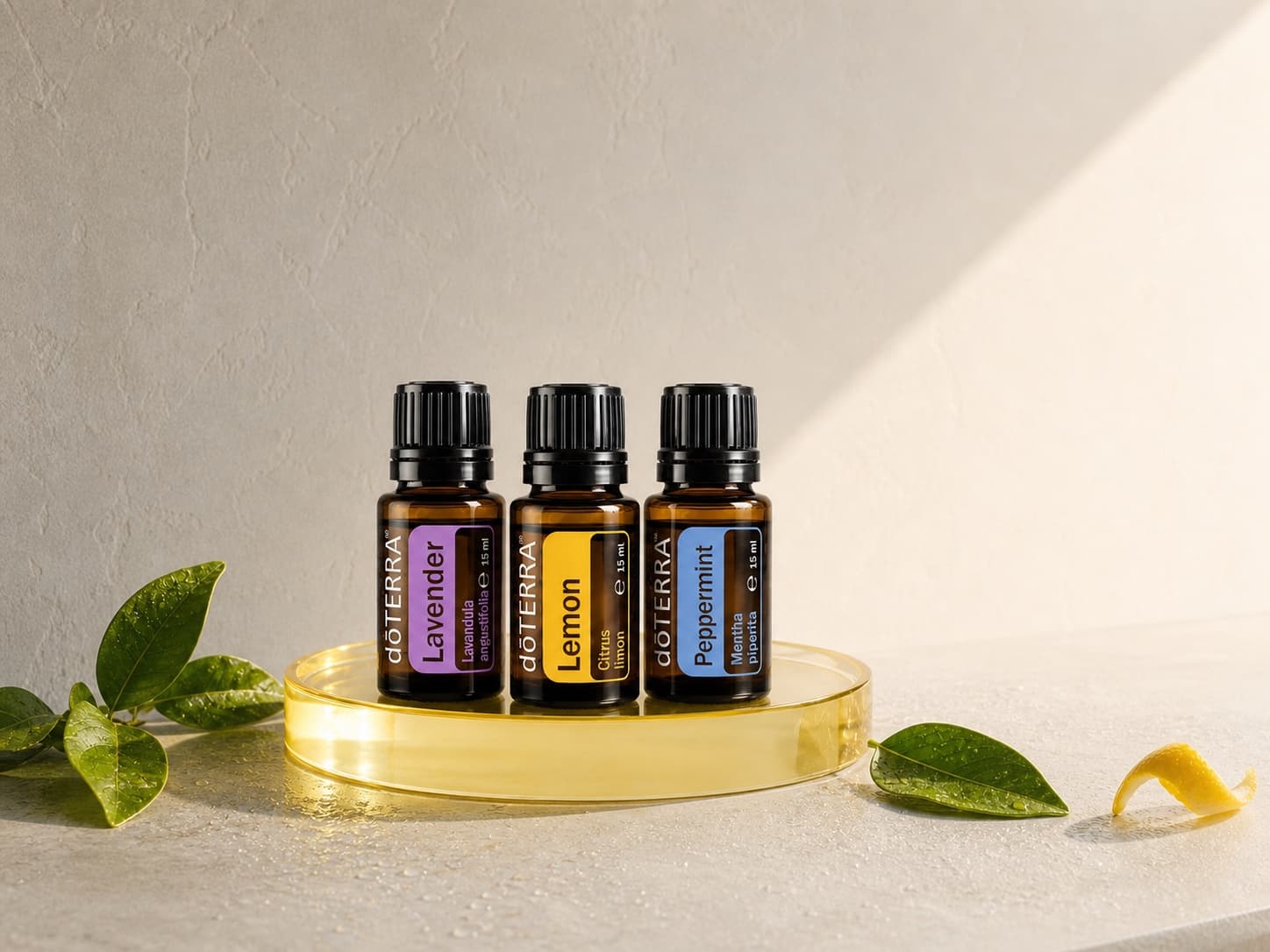 Lavender, Lemon, and Peppermint bottles