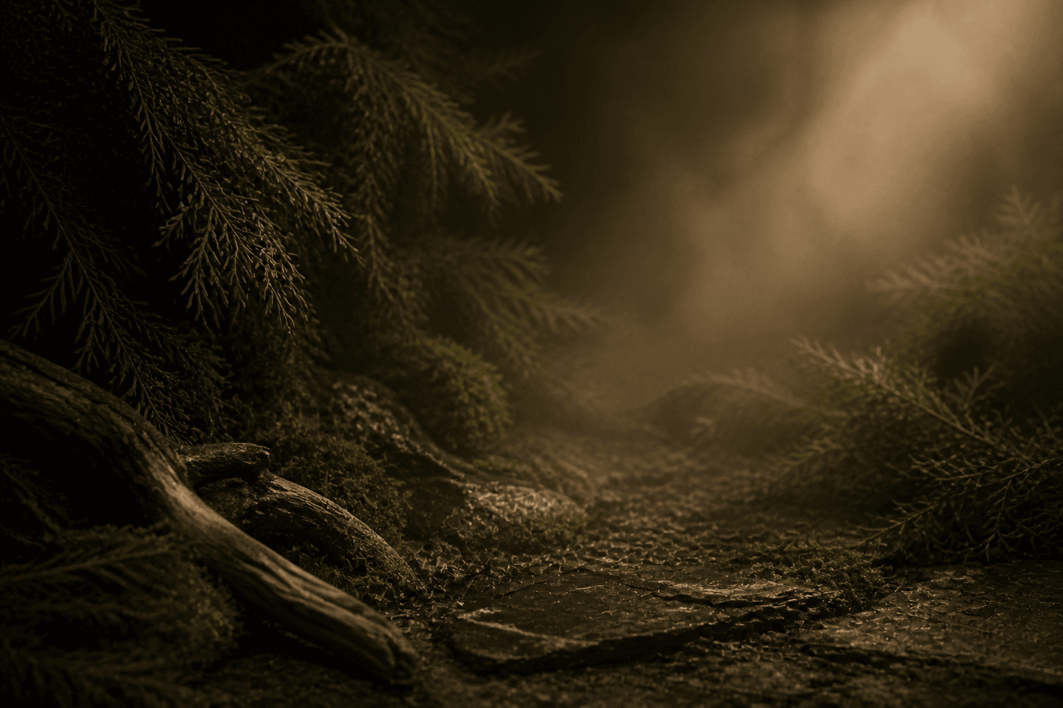 Cedar branches on a woodland floor